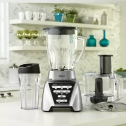 Oster Blender | Pro 1200 with Glass Jar, 24-Ounce Smoothie Cup and Food Processor Attachment, Brushed Nickel