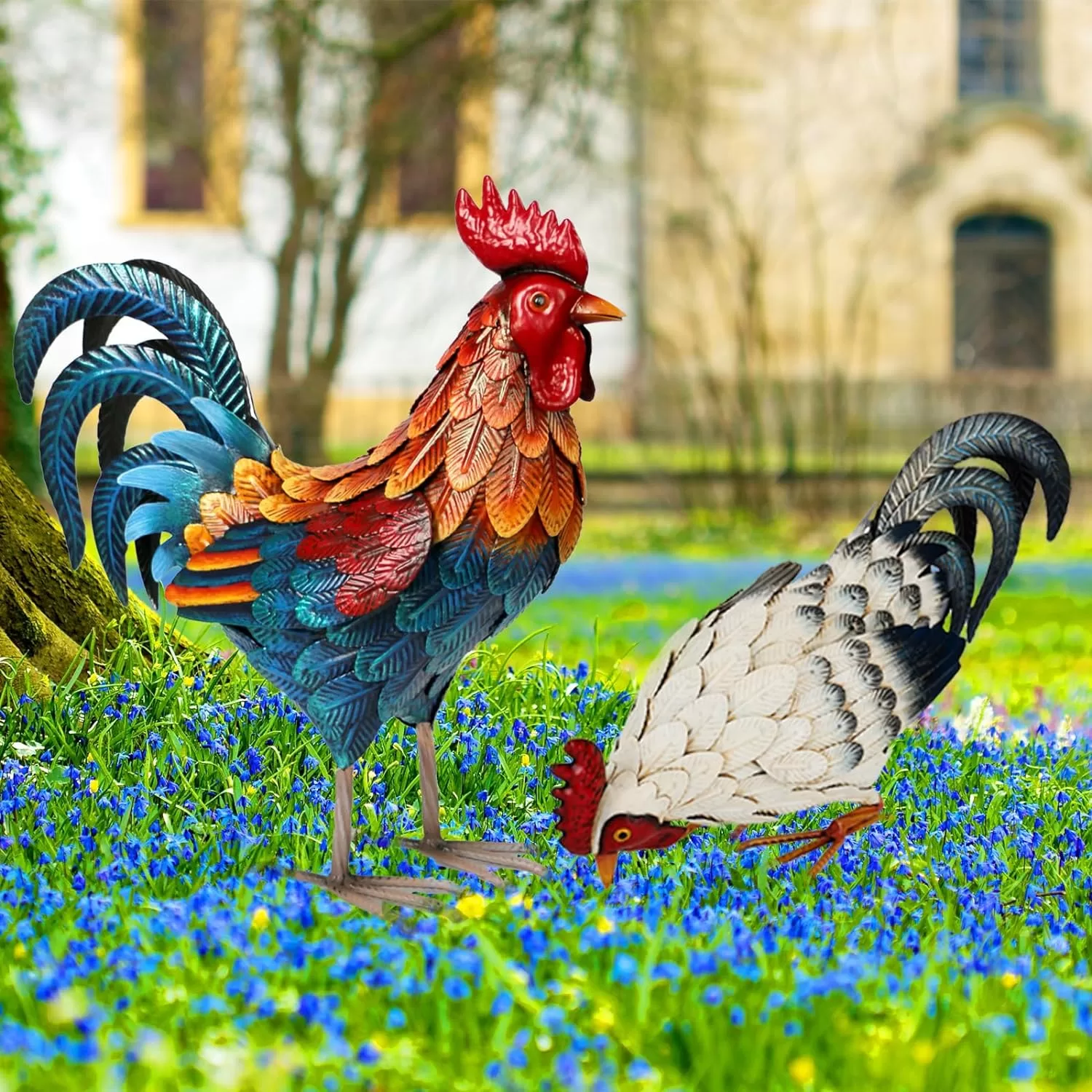 Shorayn Metal Rooster Statues, Outdoor Garden Statues, Metal Chicken Decor, Set of 2