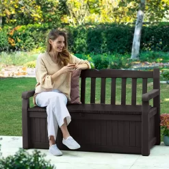 Keter Solana 70 Gallon Storage Bench Deck Box for Patio Furniture, Front Porch Decor and Outdoor Seating, Brown