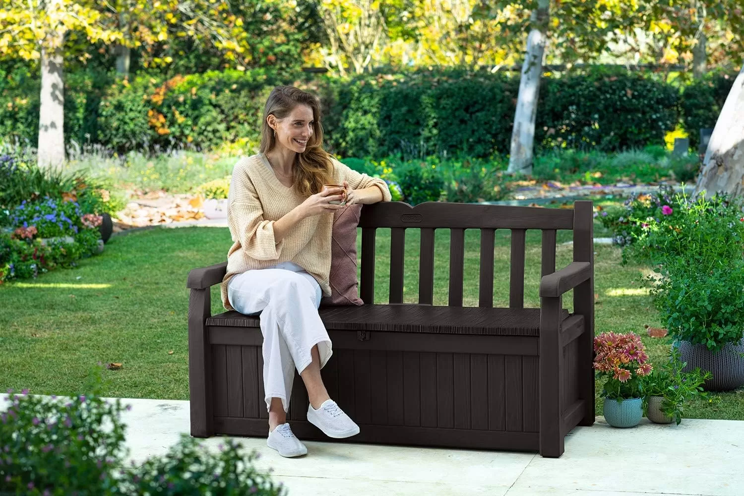 Keter Solana 70 Gallon Storage Bench Deck Box for Patio Furniture, Front Porch Decor and Outdoor Seating, Brown