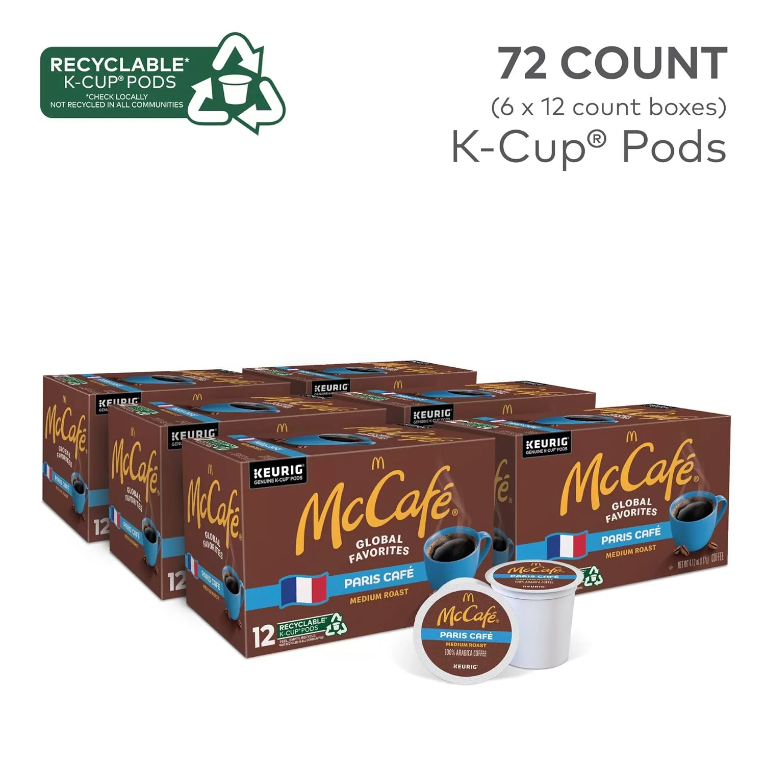McCafe Paris Cafe, Single Serve Coffee Keurig K-Cup Pods, Medium Roast Coffee, 72 Count (6 Packs of 12)