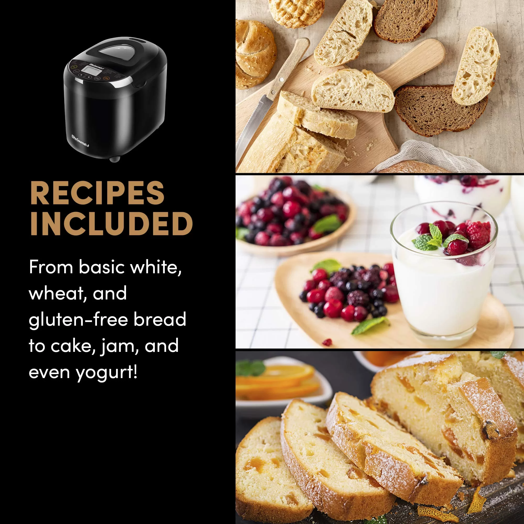 Elite Gourmet EBM8103B Programmable Bread Maker Machine 3 Loaf Sizes, 2 Lbs, Black
