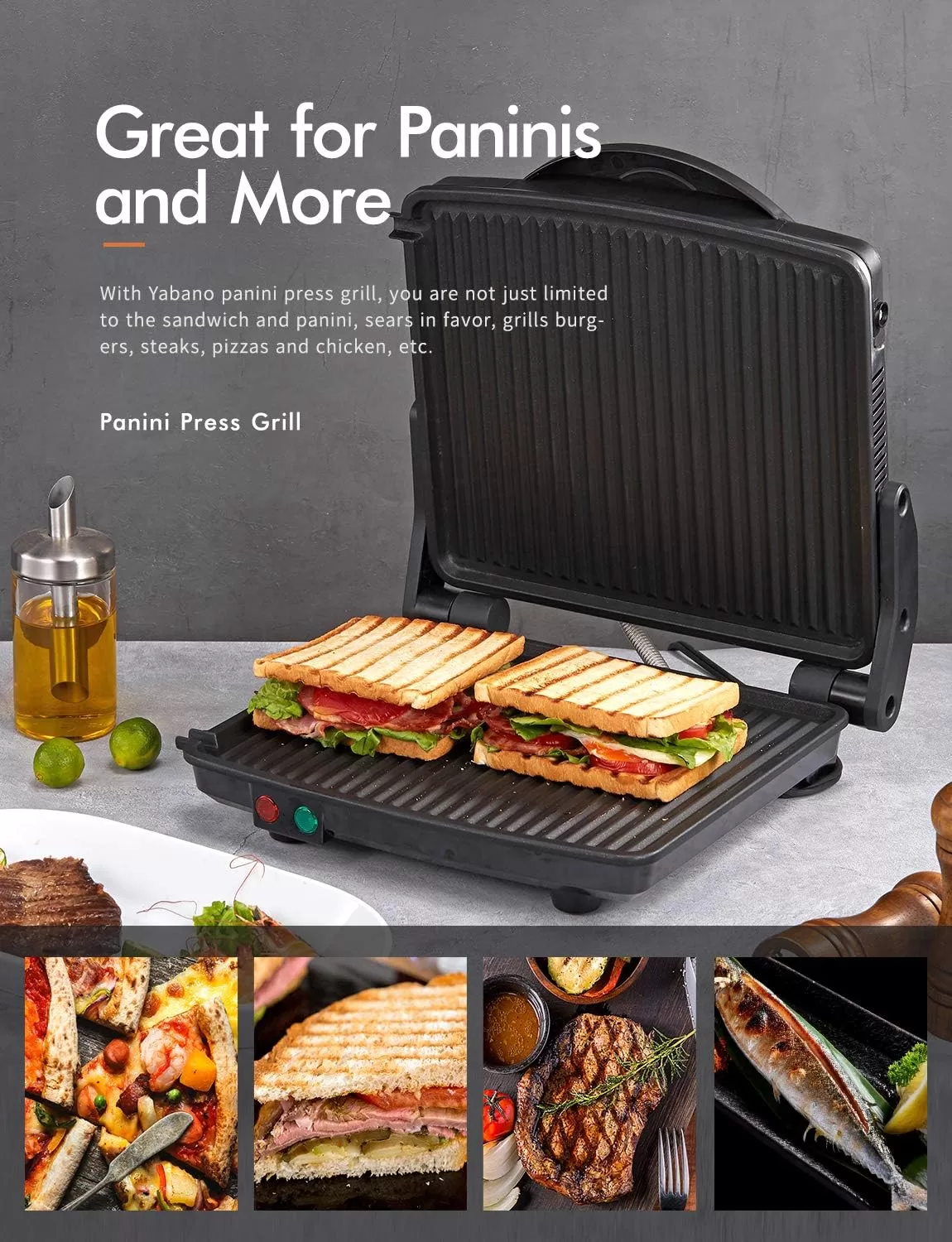 Yabano Gourmet Sandwich Maker Non-Stick Coated Plates 11" x 9.8", 4 Slice