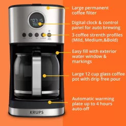 Krups Essential Brew Stainless Steel Drip Coffee Maker 12 cup 99 Watts Digital Control