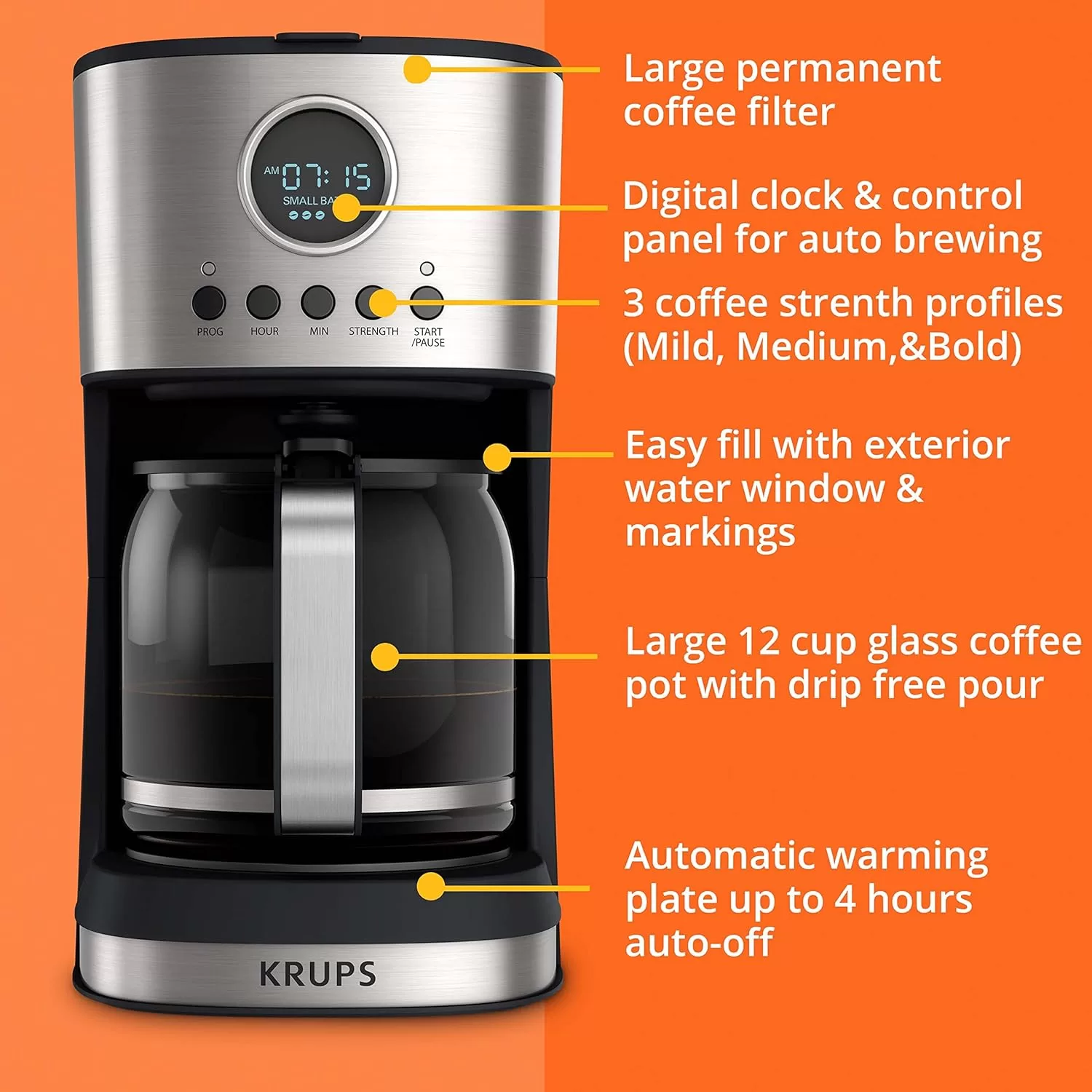 Krups Essential Brew Stainless Steel Drip Coffee Maker 12 cup 99 Watts Digital Control