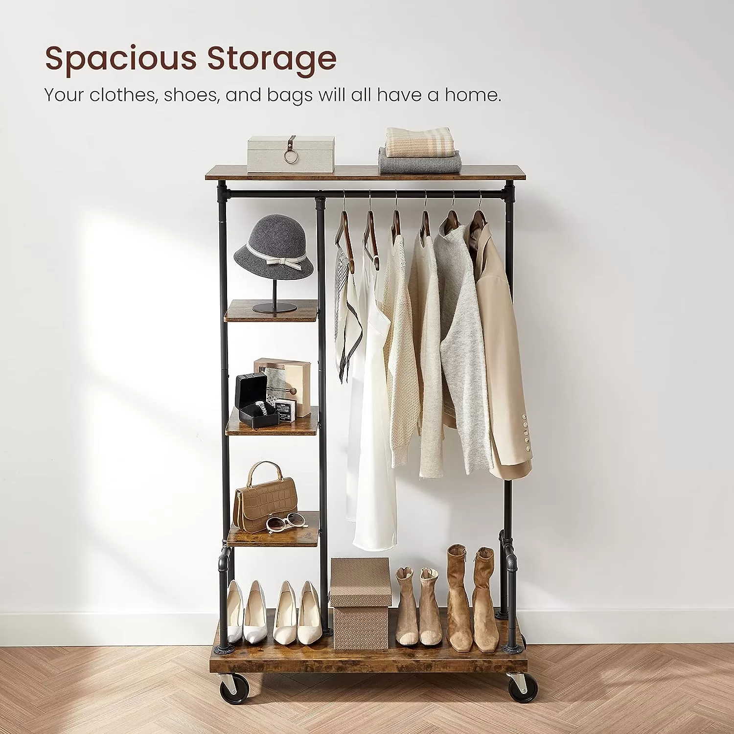 VASAGLE Clothes Rack, Clothing Garment Rack on Wheels, Rustic Brown UHSR66BX