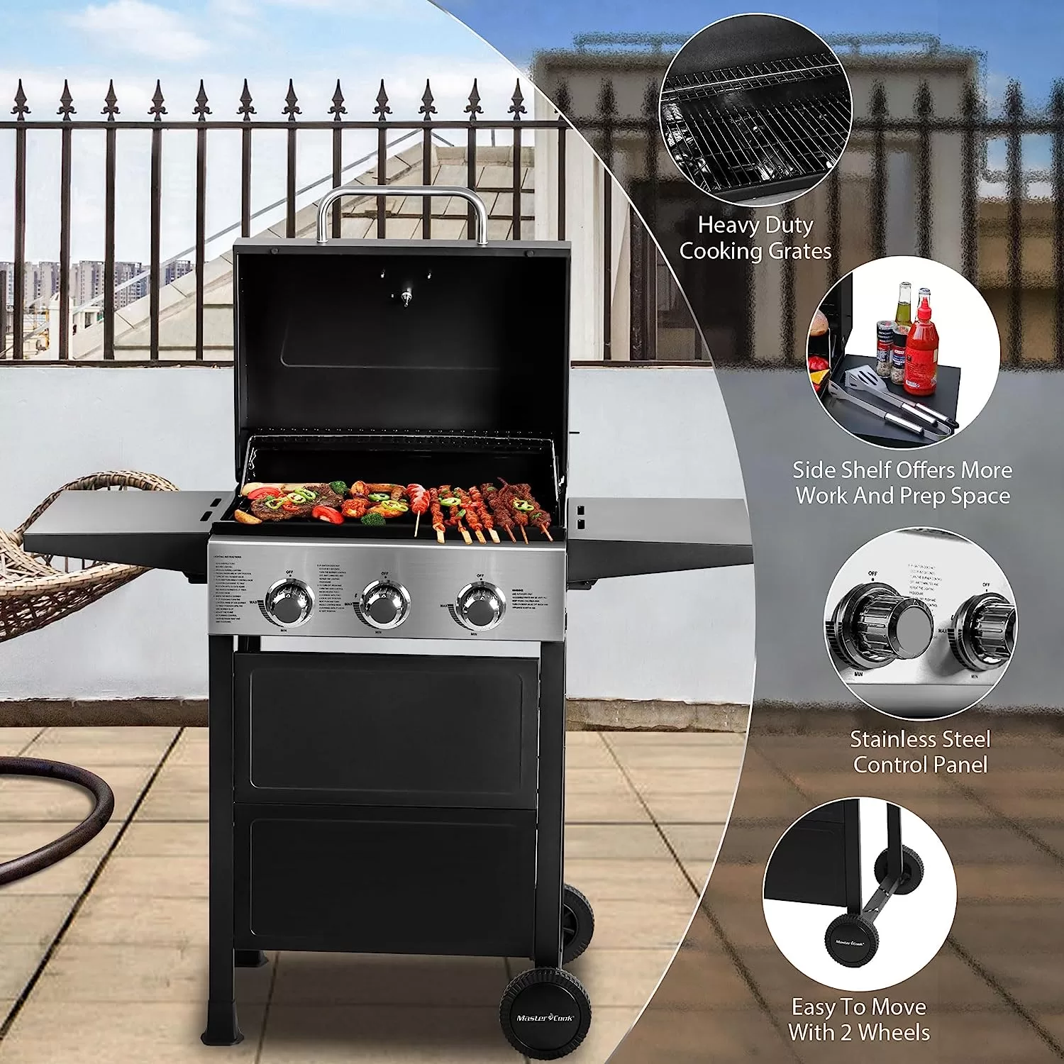MASTER COOK 3 Burner BBQ Propane Gas Grill, Stainless Steel 30,000 BTU Patio Garden Barbecue Grill