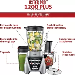Oster Blender | Pro 1200 with Glass Jar, 24-Ounce Smoothie Cup and Food Processor Attachment, Brushed Nickel