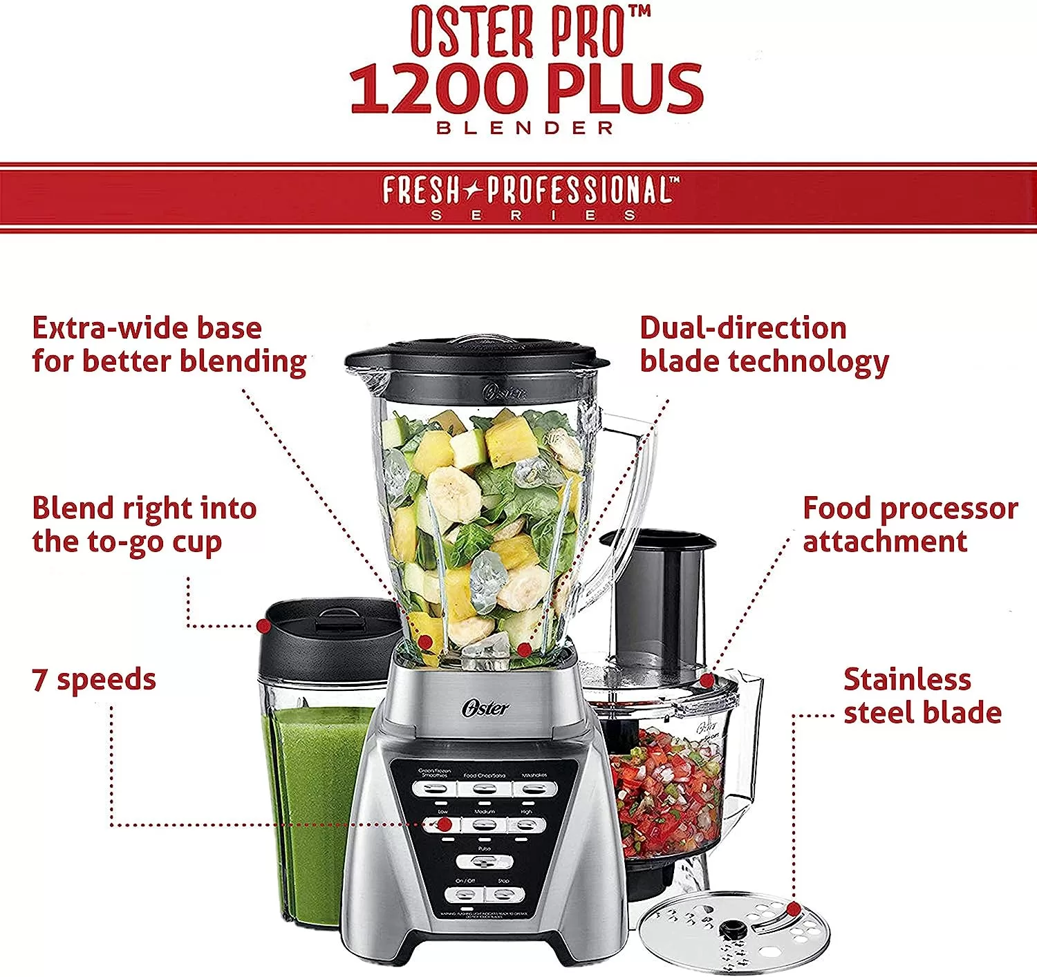 Oster Blender | Pro 1200 with Glass Jar, 24-Ounce Smoothie Cup and Food Processor Attachment, Brushed Nickel