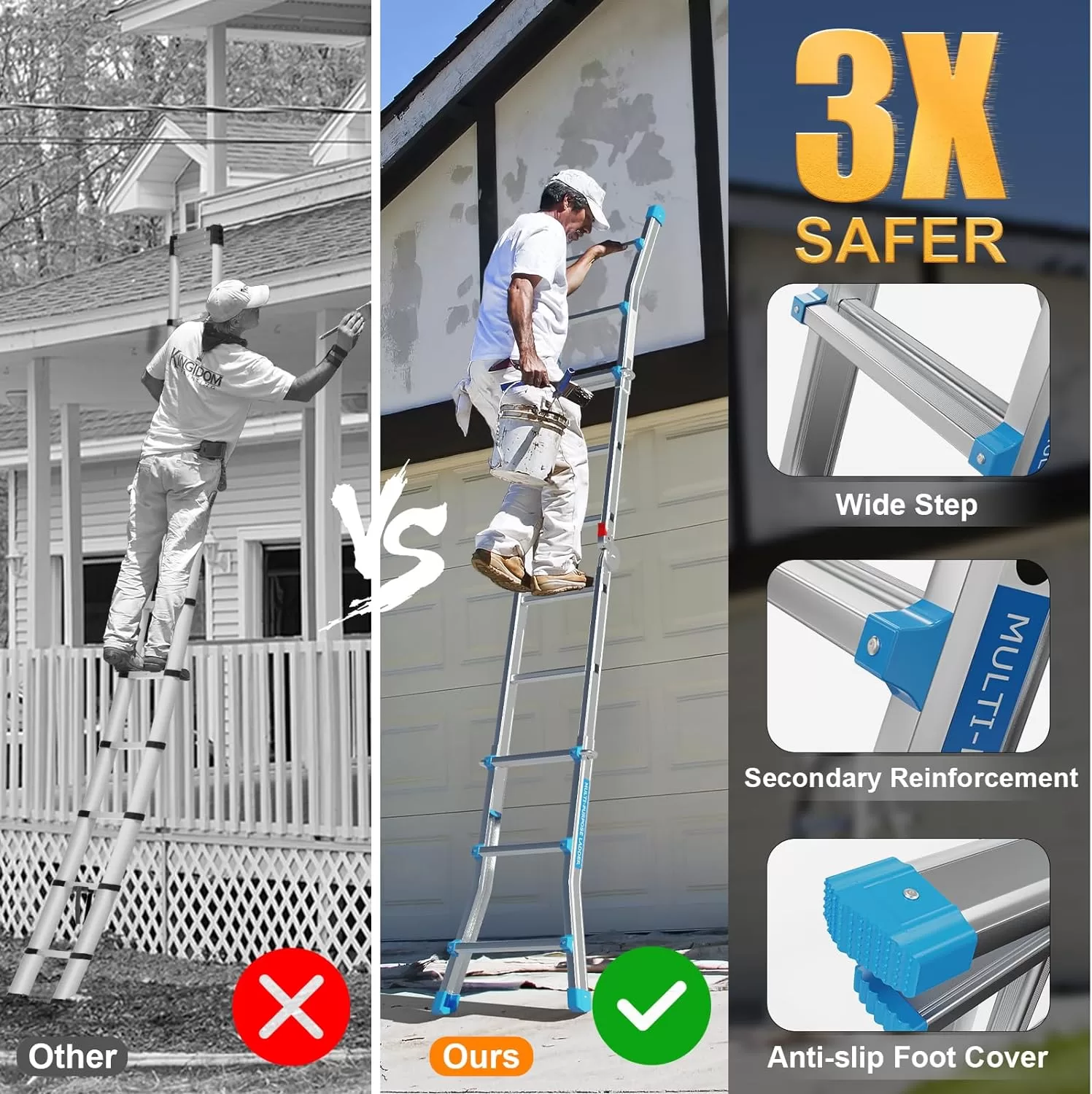 LUISLADDERS Ladder, A Frame 3 Step Ladder Telescoping Ladder