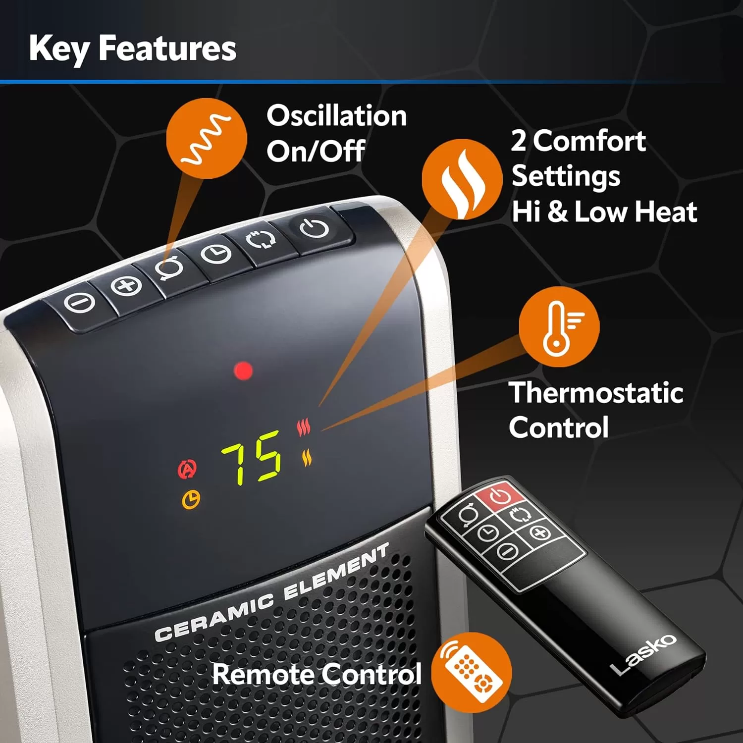 Lasko 29” Ceramic Tower Heater for Large Rooms, Whole Room Heating, 1500W, Black, 5586
