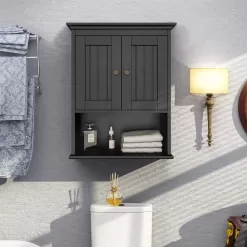 Treocho Wood Wall Cabinet Bathroom Medicine Cabinet Storage, Black