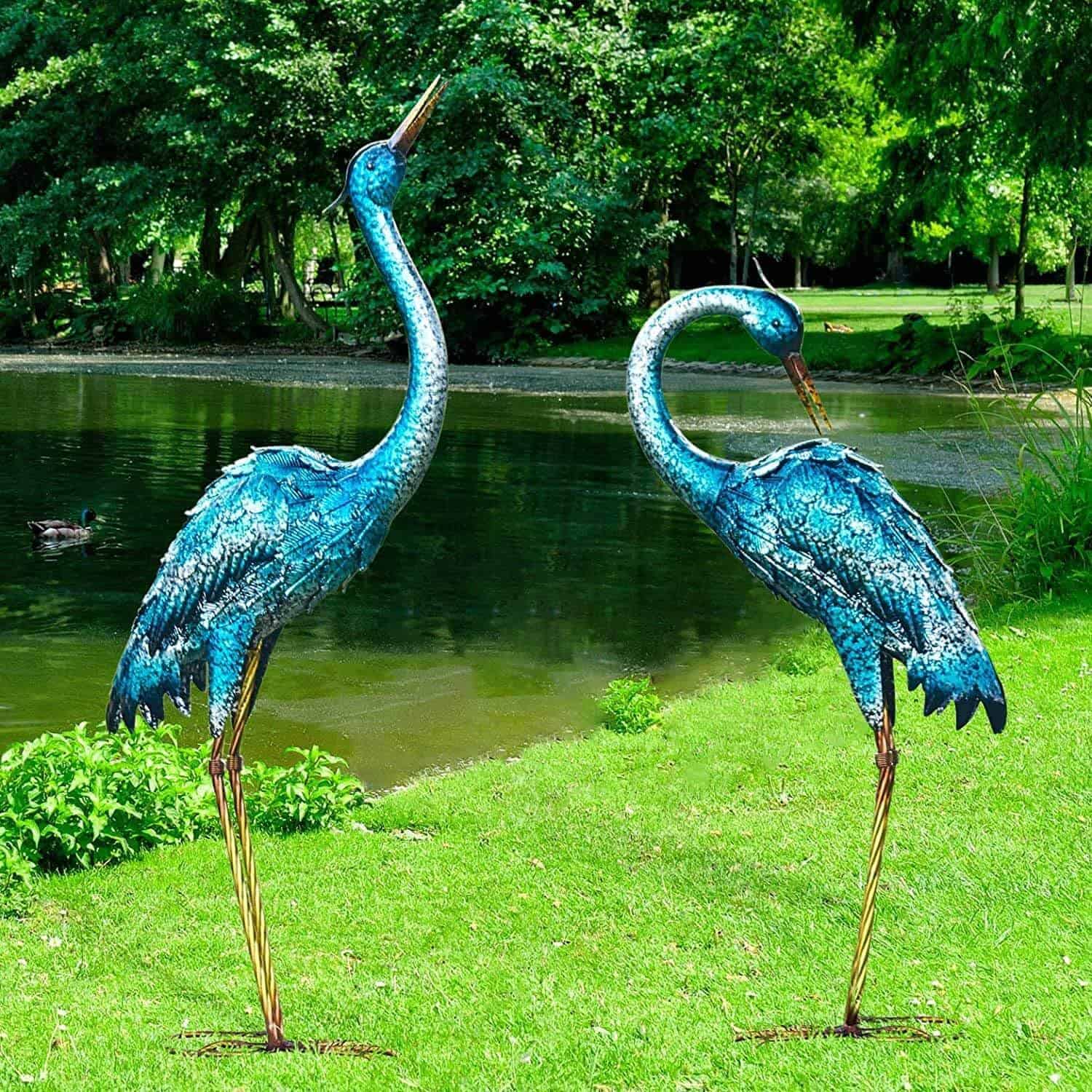 Kircust Garden Sculpture & Statues, Blue Heron Lawn Ornaments Standing Metal Crane Yard Art Large Size Bird Decoy, Set of 2
