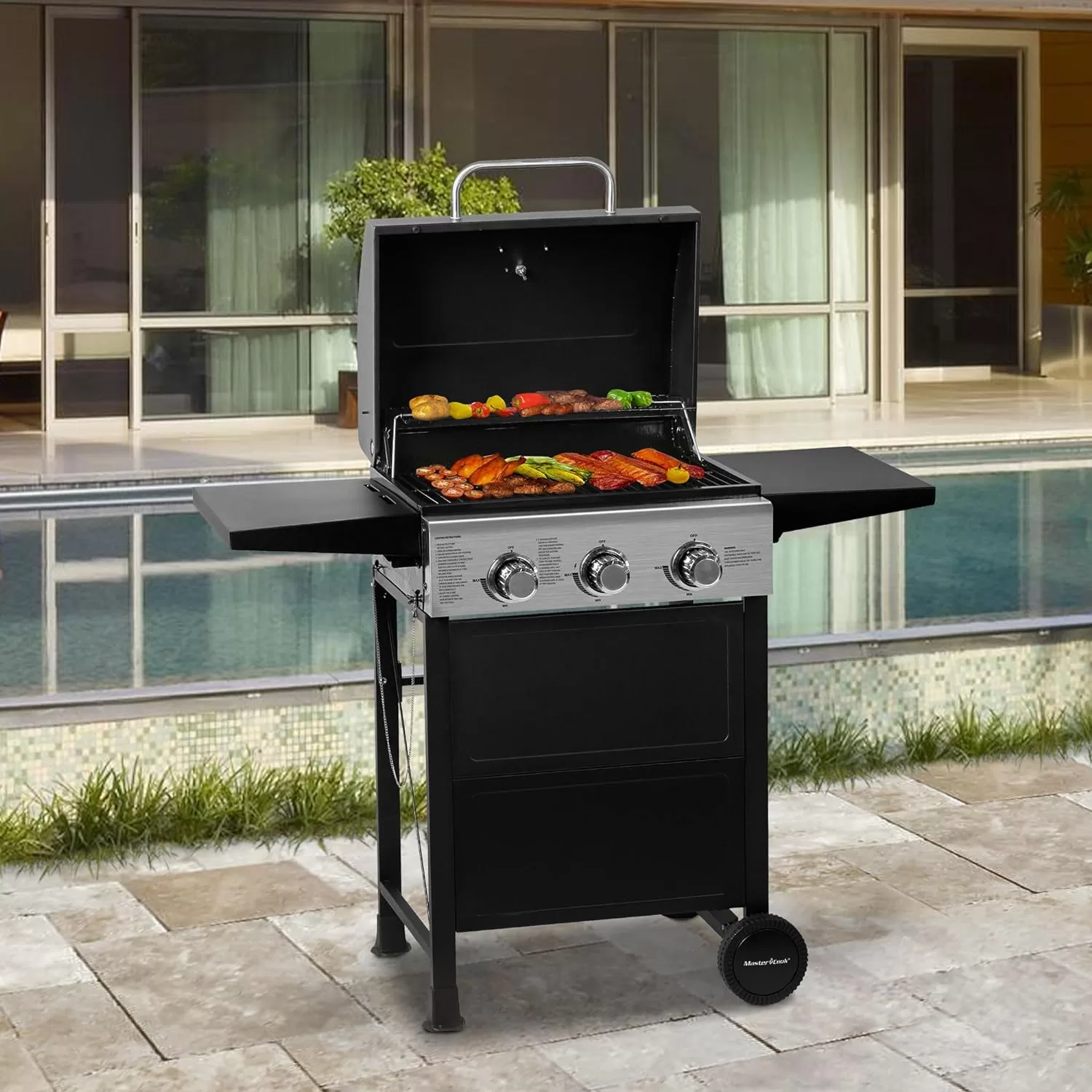 MASTER COOK 3 Burner BBQ Propane Gas Grill, Stainless Steel 30,000 BTU Patio Garden Barbecue Grill