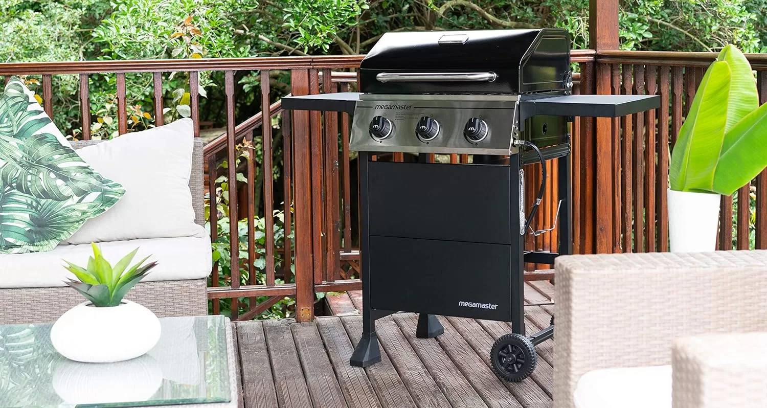 Megamaster 3-Burner Propane Gas Grill with 2 Foldable Side Tables, 30000 BTUs