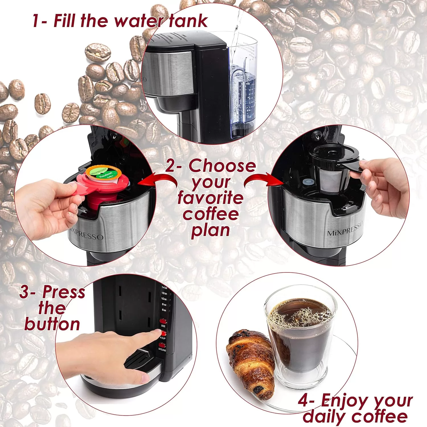 Mixpresso Single Serve Coffee Brewer K-Cup Pods Compatible & Ground Coffee, Black