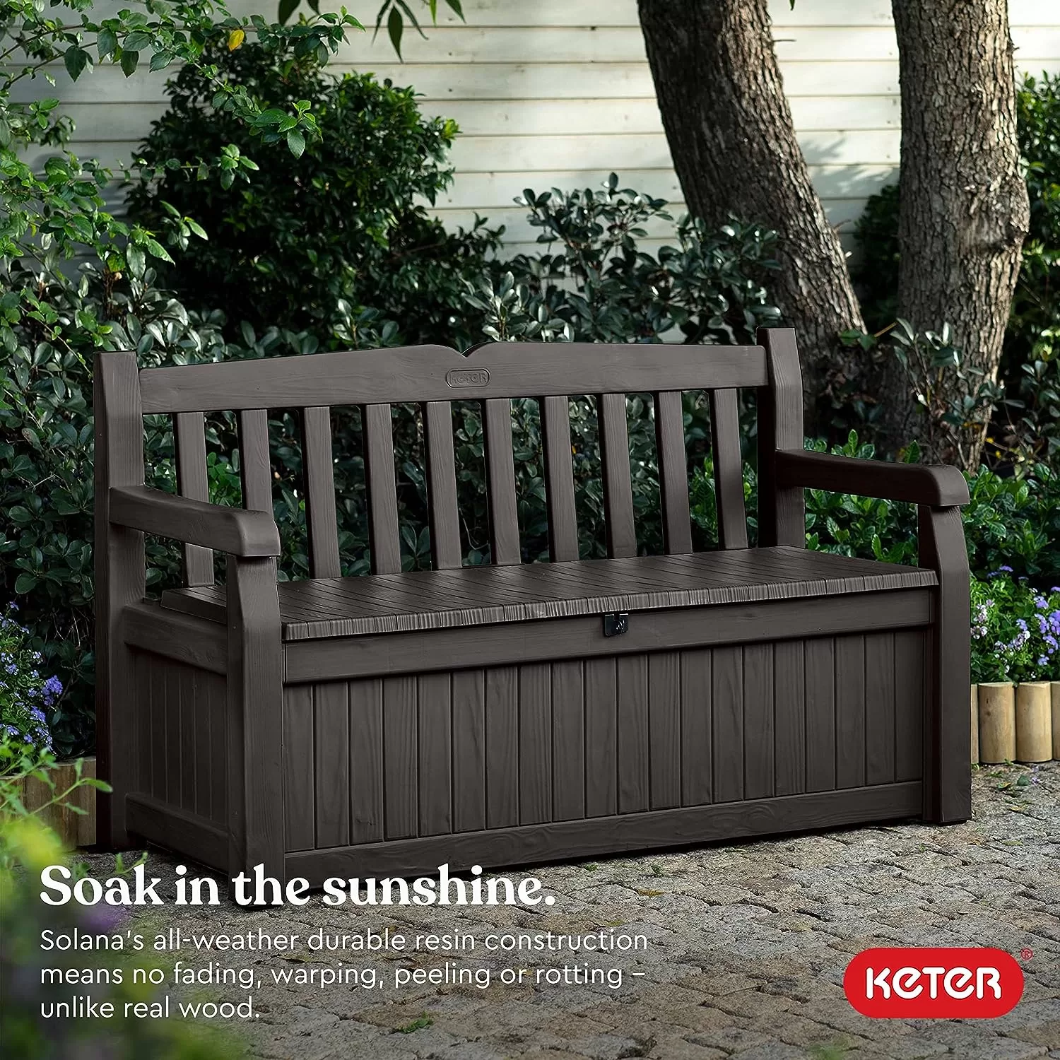 Keter Solana 70 Gallon Storage Bench Deck Box for Patio Furniture, Front Porch Decor and Outdoor Seating, Brown