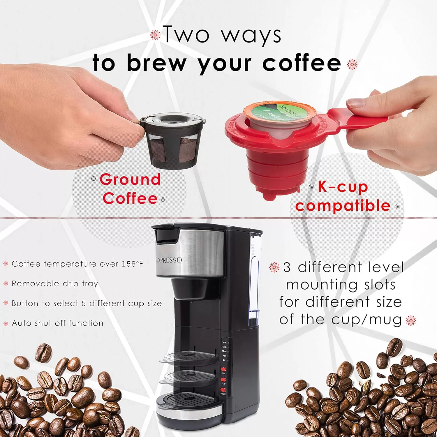 Mixpresso Single Serve Coffee Brewer K-Cup Pods Compatible & Ground Coffee, Black