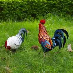 Shorayn Metal Rooster Statues, Outdoor Garden Statues, Metal Chicken Decor, Set of 2