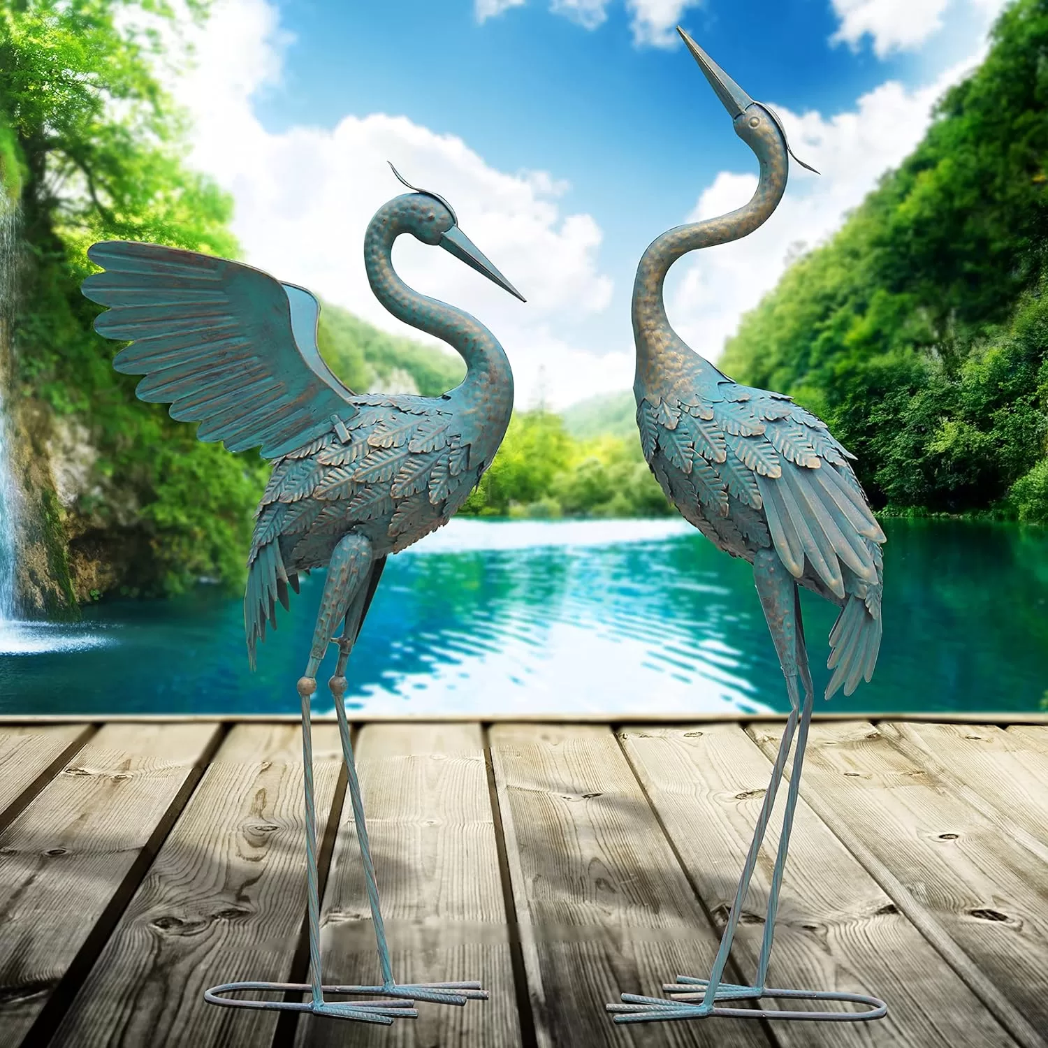 Oritty 33-37 Inch Metal Crane Garden Statue Décor, Bird Garden Sculpture & Statues, Set of 2