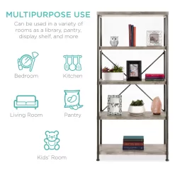 Best Choice Products 5-Tier Rustic Industrial Bookshelf Display Décor Accent w/ Metal Frame, Wood Shelves