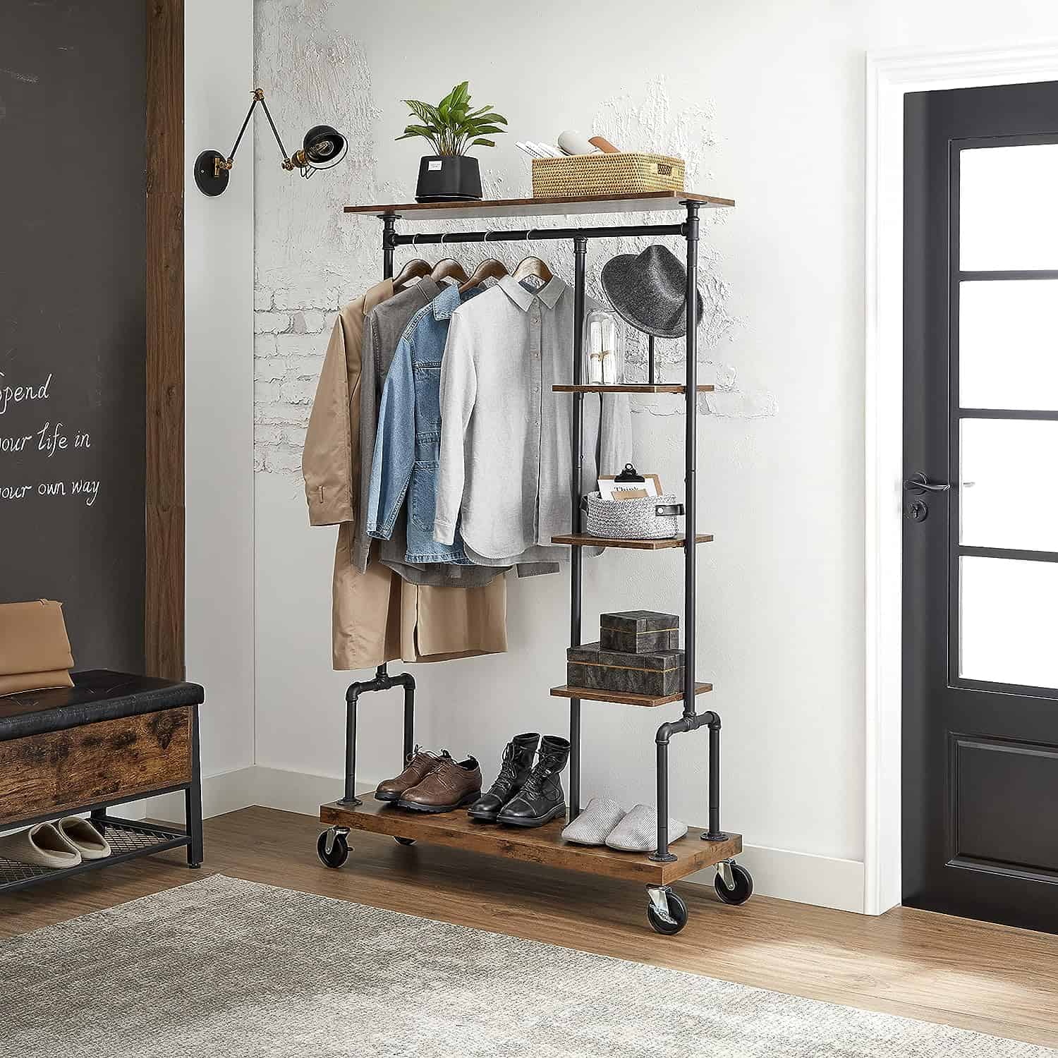 VASAGLE Clothes Rack, Clothing Garment Rack on Wheels, Rustic Brown UHSR66BX