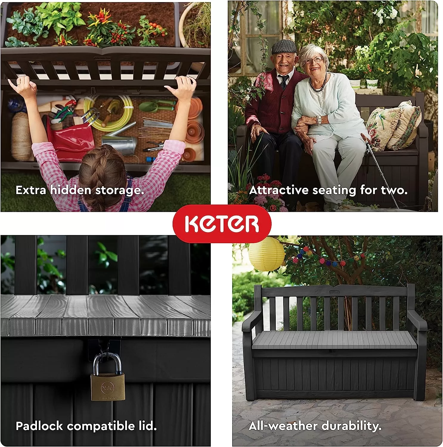 Keter Solana 70 Gallon Storage Bench Deck Box for Patio Furniture, Front Porch Decor and Outdoor Seating, Brown