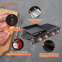 Royal Gourmet GD4002T Tailgater Tabletop Gas Grill Griddle, 4-Burner Portable Propane Grill Griddle Combo, 40 000 BTU, Black