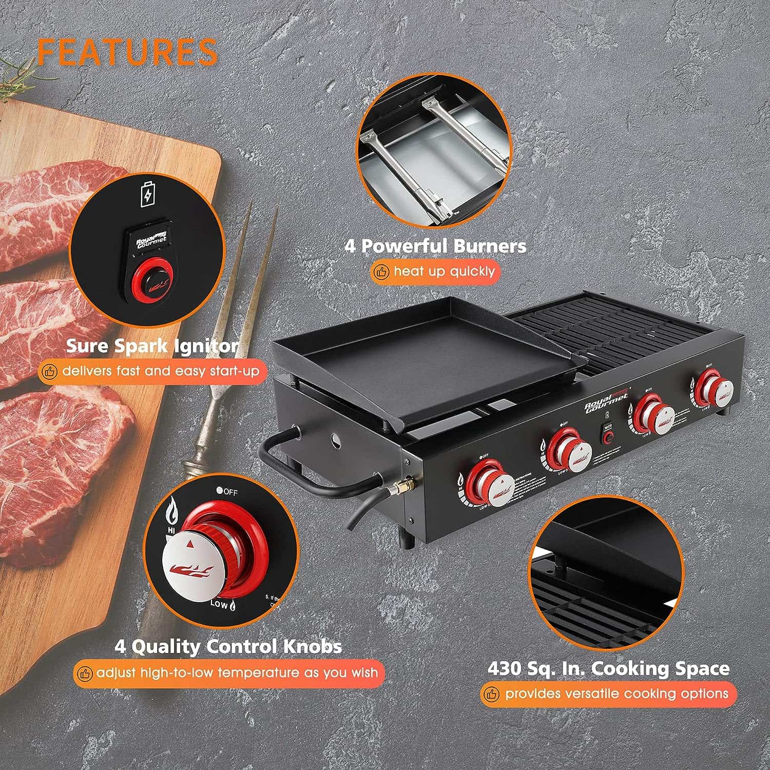 Royal Gourmet GD4002T Tailgater Tabletop Gas Grill Griddle, 4-Burner Portable Propane Grill Griddle Combo, 40 000 BTU, Black