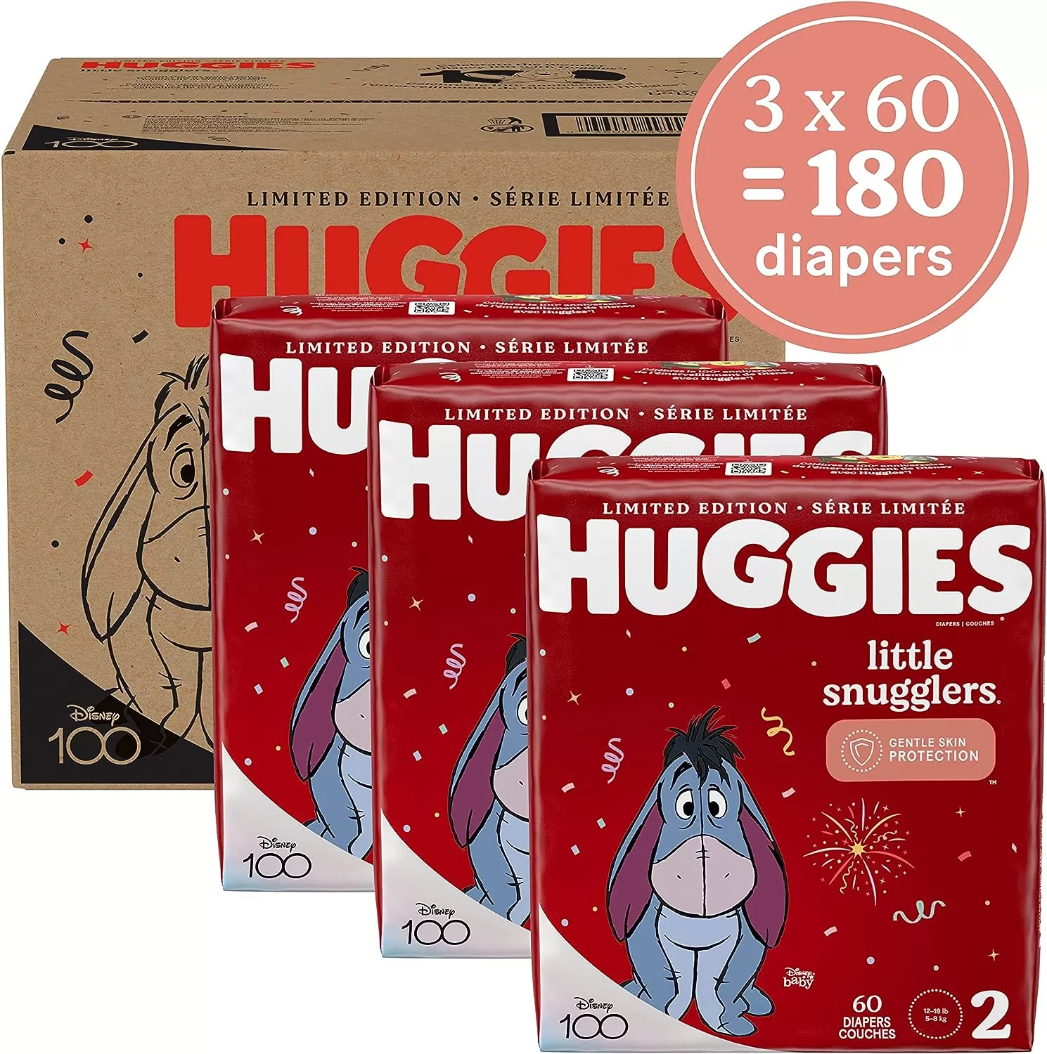Huggies Size 2 Diapers, Little Snugglers Baby Diapers, Size 2 (12-18 lbs), 180 Count