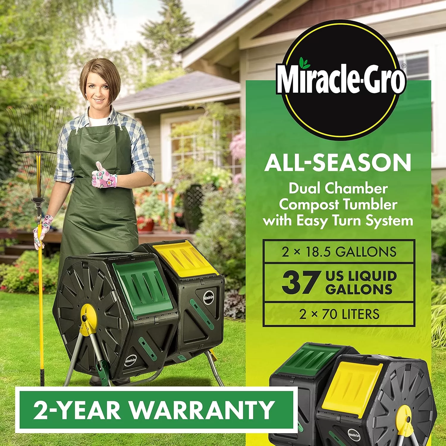 Miracle-Gro Dual Chamber Compost Tumbler – Easy-Turn, Fast-Working System (2 – 18.5gallon /70 Liter)