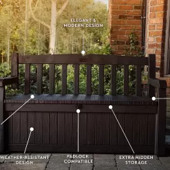 Keter Solana 70 Gallon Storage Bench Deck Box for Patio Furniture, Front Porch Decor and Outdoor Seating, Brown