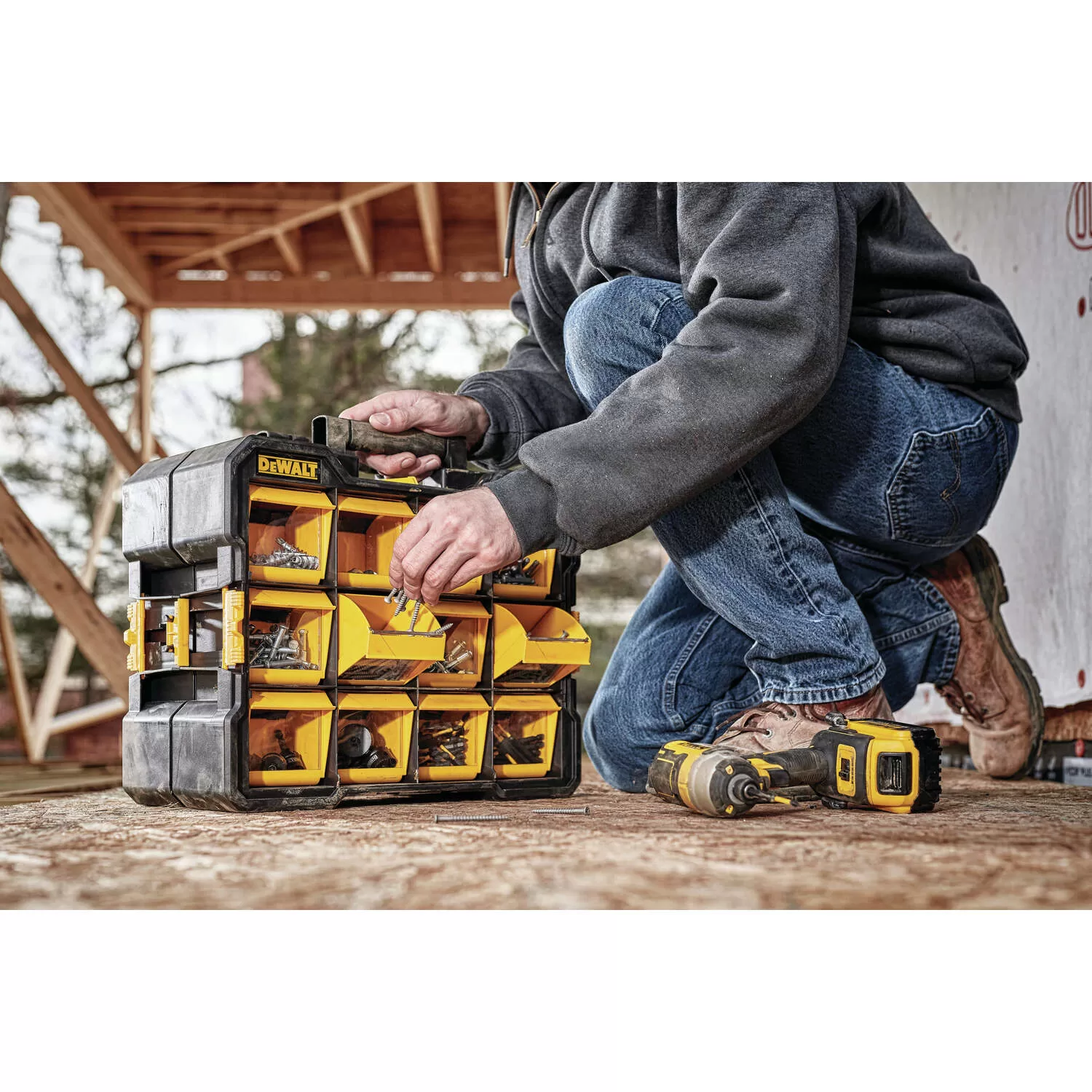 DeWalt 4.2 in. W X 13.5 in. H Flip Bin Storage Organizer Plastic 12 compartments Yellow