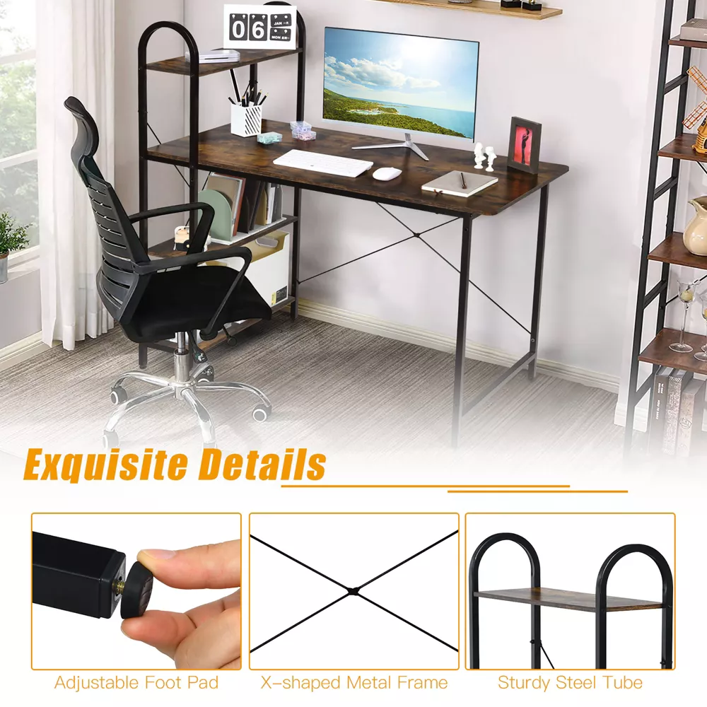 Costway 48'' Reversible Computer Desk Writing Table Workstation w/ Storage Shelf BlackBrown - rustic brown