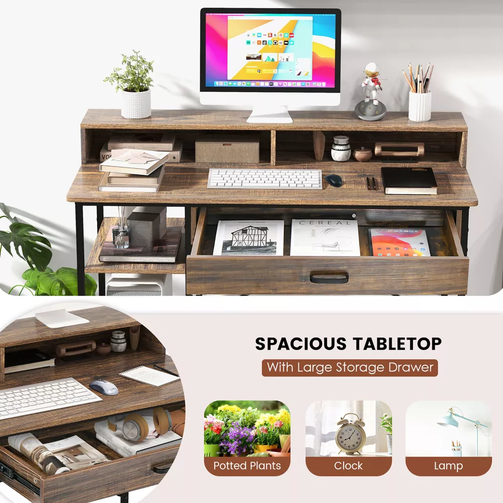 Costway 48” Computer Desk with Monitor Stand Home Office Writing Desk with Storage Drawer and 2 Open Shelves Rustic Brown