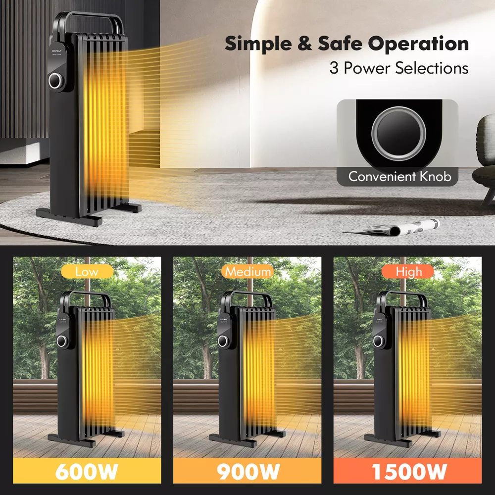 Costway 1500W Electric Space Heater Oil Filled Radiator Heater W/ Foldable Rack White - Black