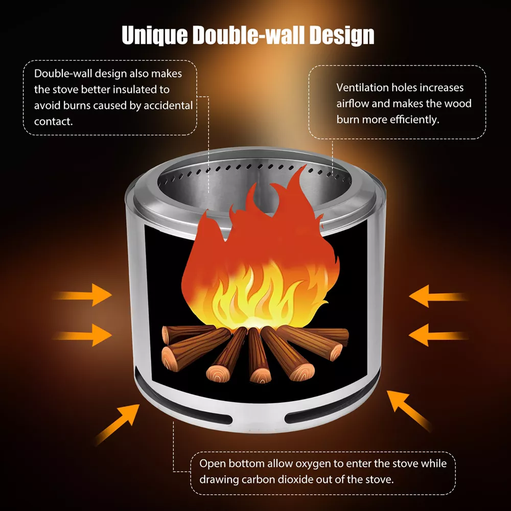 Costway 18.5'' Smokeless Fire Pit 304 Stainless Steel Stove Bonfire with Waterproof Cover