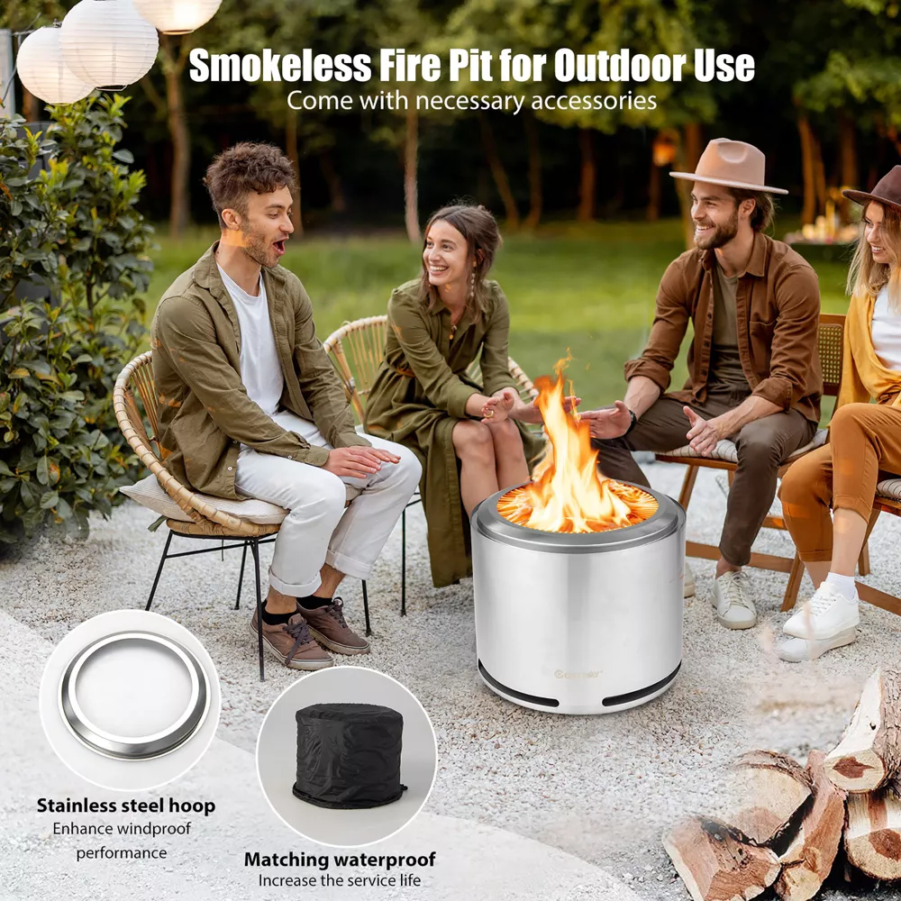 Costway 18.5'' Smokeless Fire Pit 304 Stainless Steel Stove Bonfire with Waterproof Cover