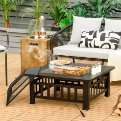 Costway 32'' 3 in 1 Outdoor Square Fire Pit Table W/ BBQ Grill, Rain Cover for Camping