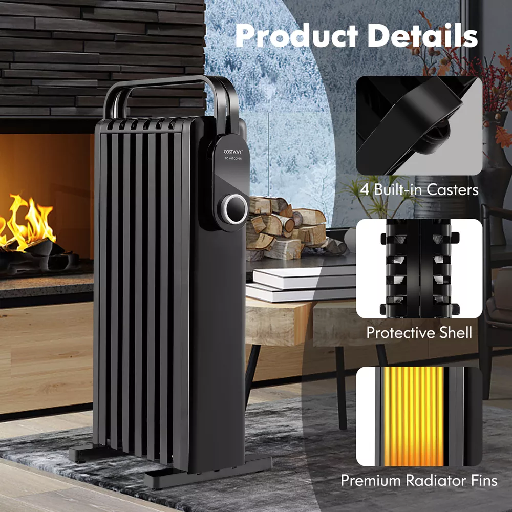 Costway 1500W Electric Space Heater Oil Filled Radiator Heater W/ Foldable Rack White - Black