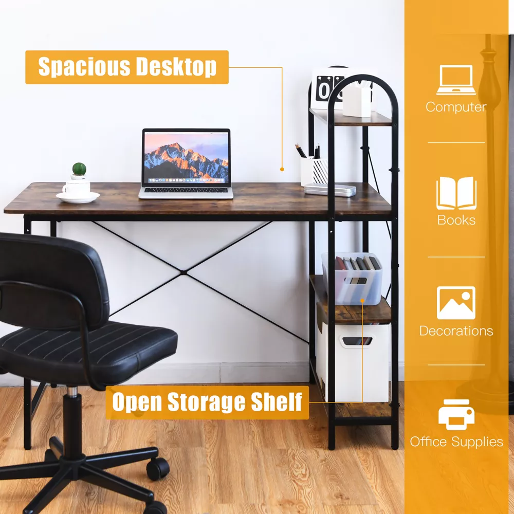 Costway 48'' Reversible Computer Desk Writing Table Workstation w/ Storage Shelf BlackBrown - rustic brown