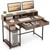 Costway 48” Computer Desk with Monitor Stand Home Office Writing Desk with Storage Drawer and 2 Open Shelves Rustic Brown