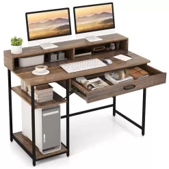 Costway 48” Computer Desk with Monitor Stand Home Office Writing Desk with Storage Drawer and 2 Open Shelves Rustic Brown