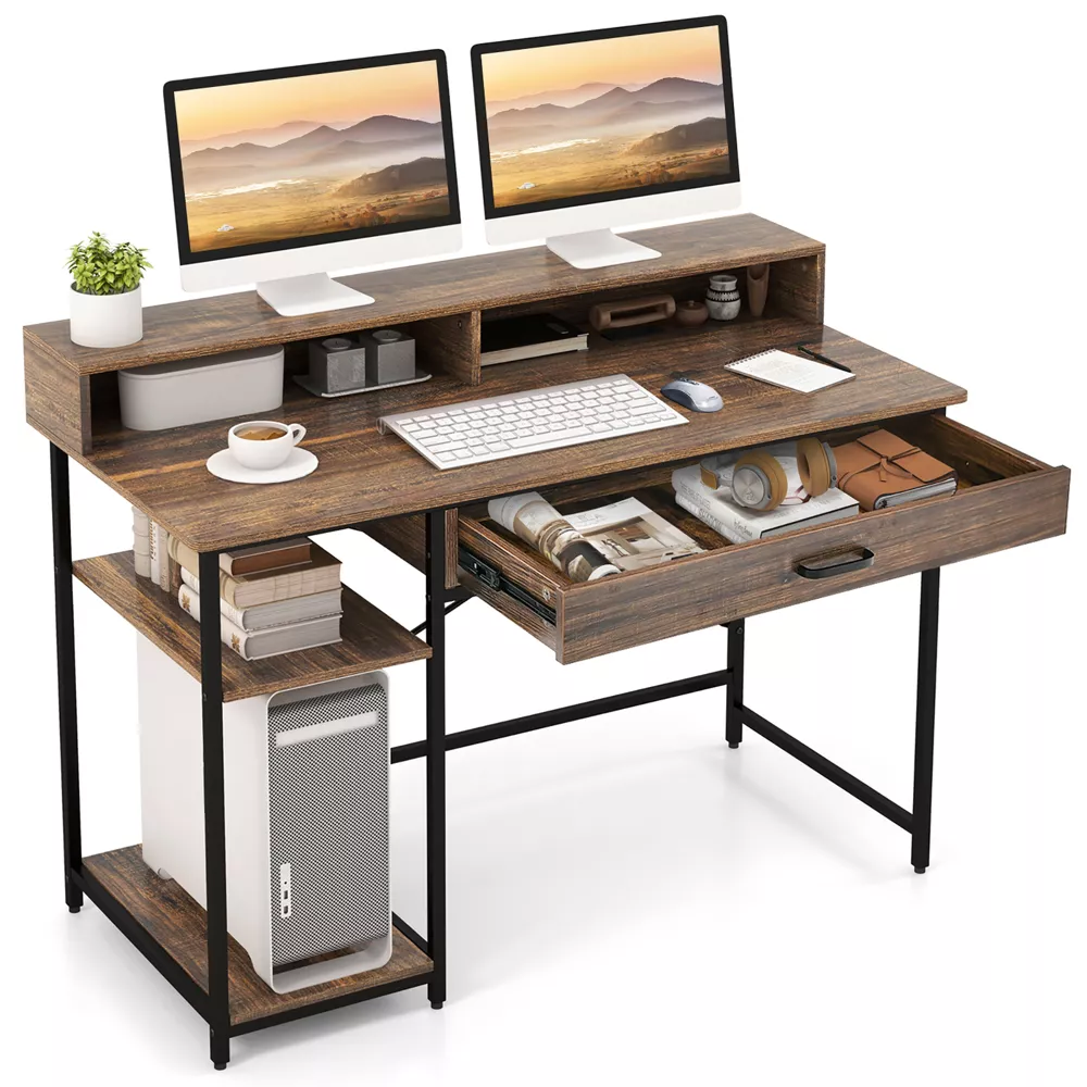 Costway 48” Computer Desk with Monitor Stand Home Office Writing Desk with Storage Drawer and 2 Open Shelves Rustic Brown