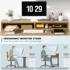 Costway 48” Computer Desk with Monitor Stand Home Office Writing Desk with Storage Drawer and 2 Open Shelves Rustic Brown