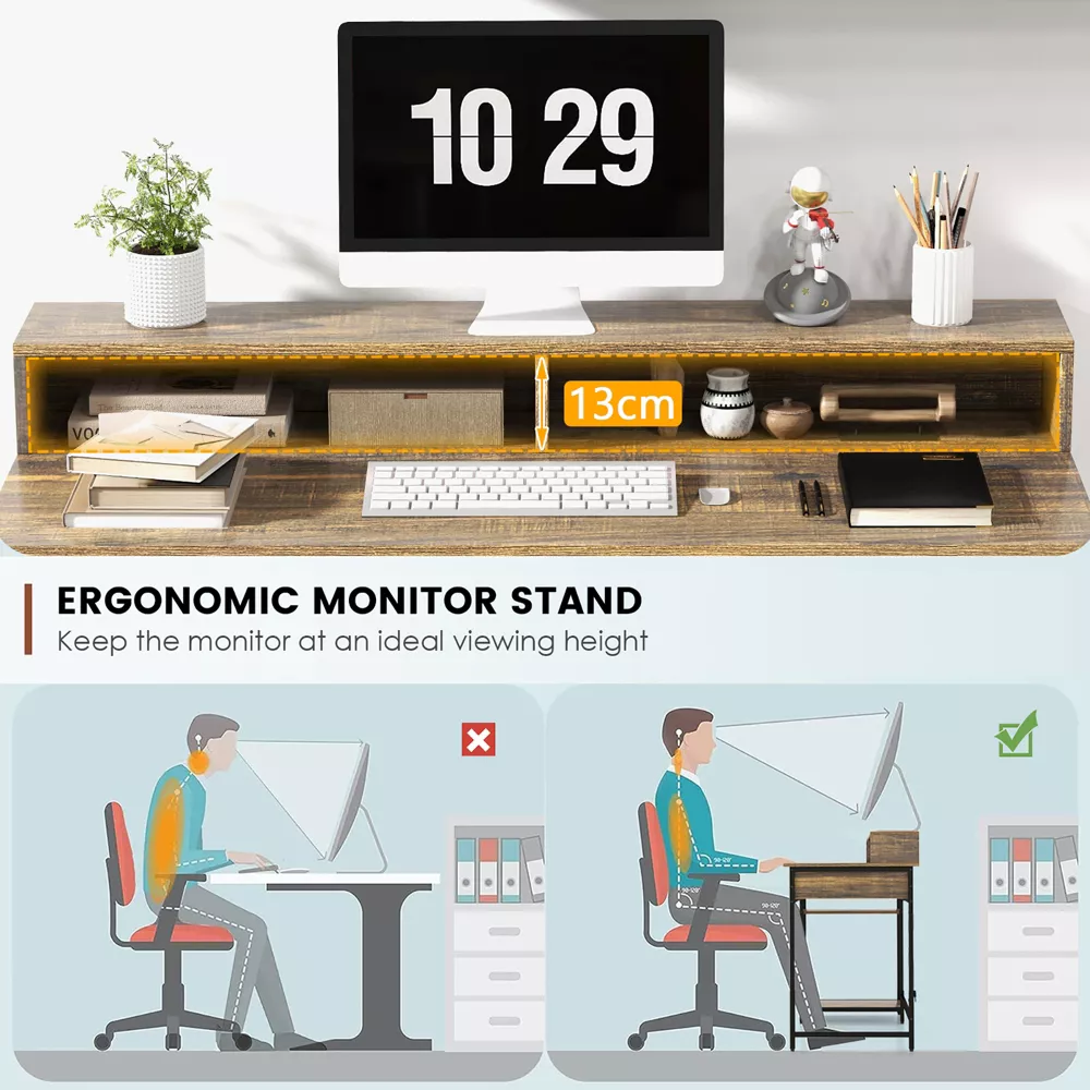 Costway 48” Computer Desk with Monitor Stand Home Office Writing Desk with Storage Drawer and 2 Open Shelves Rustic Brown