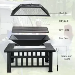 Costway 32'' 3 in 1 Outdoor Square Fire Pit Table W/ BBQ Grill, Rain Cover for Camping