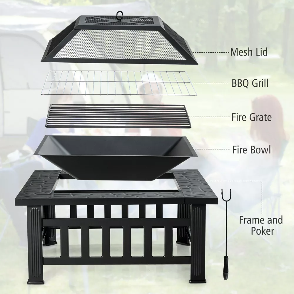 Costway 32'' 3 in 1 Outdoor Square Fire Pit Table W/ BBQ Grill, Rain Cover for Camping