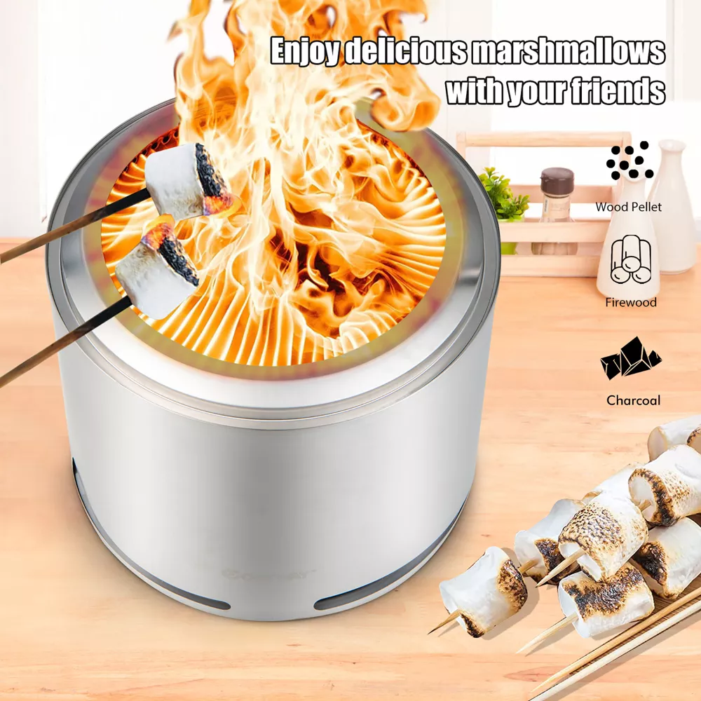 Costway 18.5'' Smokeless Fire Pit 304 Stainless Steel Stove Bonfire with Waterproof Cover