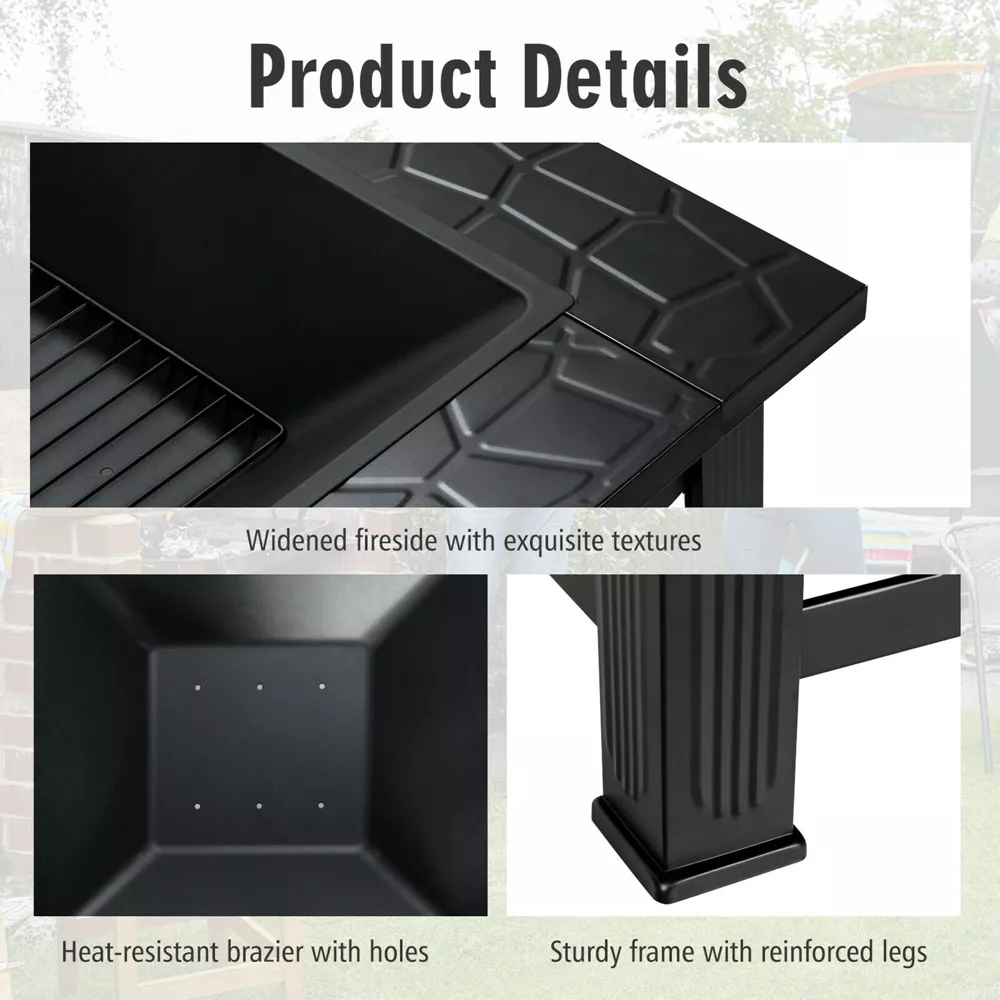 Costway 32'' 3 in 1 Outdoor Square Fire Pit Table W/ BBQ Grill, Rain Cover for Camping